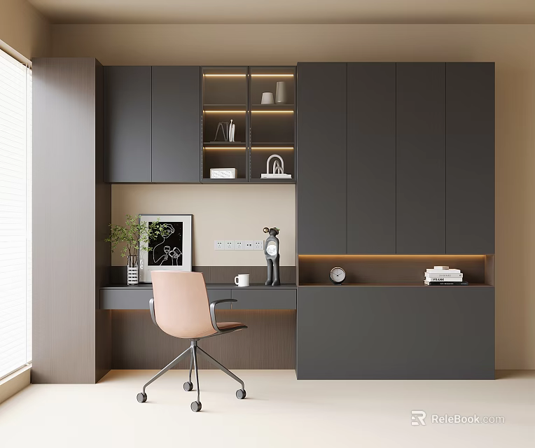 Modern Desk Interior With Gray Cabinets Open Shelves Chair Table Lamp And Green Plant 3d model 