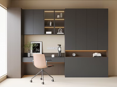 Modern Desk Interior With Gray Cabinets Open Shelves Chair Table Lamp And Green Plant 3d model