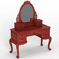 Elegant Red Wooden Dressing Table With Carved Details Round Mirror And Drawers