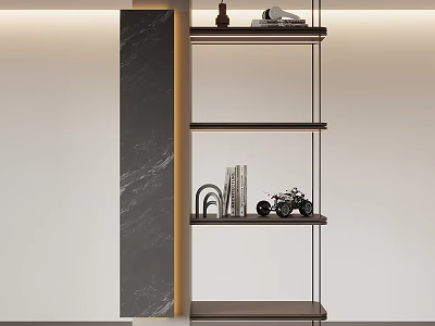 Modern Open Design Bookshelf With Black Marble Column Metal Frame And Decorative Items 3d model