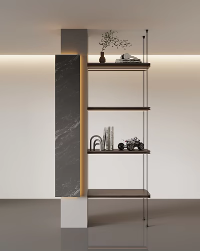 Modern Open Design Bookshelf With Black Marble Column Metal Frame And Decorative Items 3d model