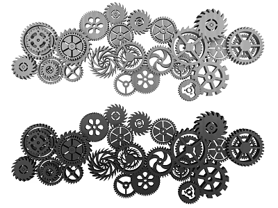 Various Sizes Black And Gray Metal Gears Arranged In Two Rows 3d model