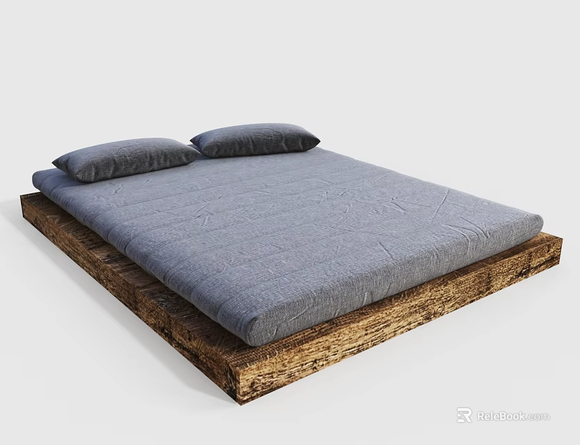 Minimalist Wooden Bed Frame With Gray Mattress And Simple Design 3d model 