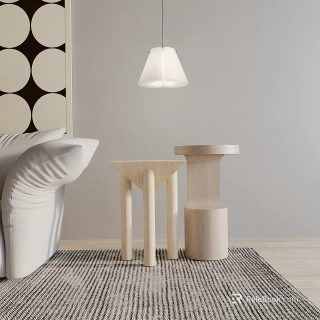 Modern Living Room Interior With Wooden Side Tables Triangular Legs Cylindrical Base Sofa Lamp Carpet 3d model 