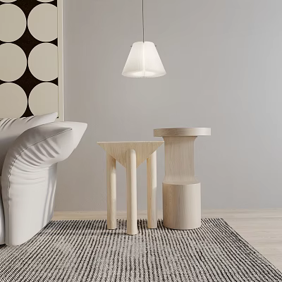 Modern Living Room Interior With Wooden Side Tables Triangular Legs Cylindrical Base Sofa Lamp Carpet 3d model