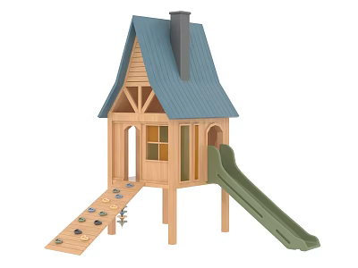 Wooden Playground Equipment With Playhouse Climbing Ramp And Slide 3d model
