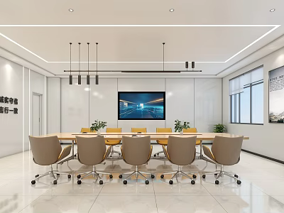 Modern Conference Room Interior With Long Table Rolling Chairs Wall Screen And Hanging Lights 3d model