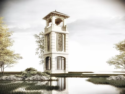Classic Tower In Natural Landscape With Water Trees And Rocks 3d model