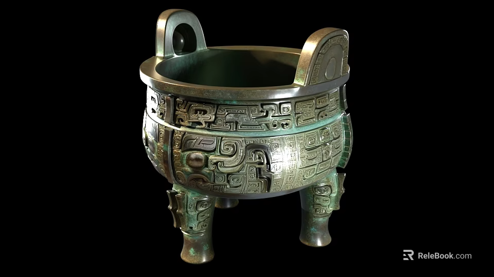 Ancient Bronze Vessel With Intricate Patterns Three Legs And Two Handles 3d model 