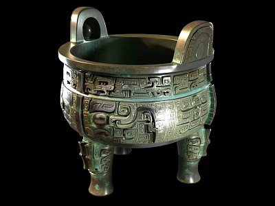 Ancient Bronze Vessel With Intricate Patterns Three Legs And Two Handles 3d model