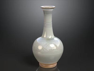 White Ceramic Vase With Intricate Floral Patterns And Brown Base Decor 3d model