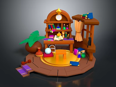 Magical Workbench Scene With Wooden Shelves Bottles Candles And Magic Items 3d model