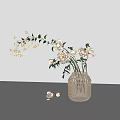 Woven Vase with Pink and Beige Flowers Green Leaves on White Background