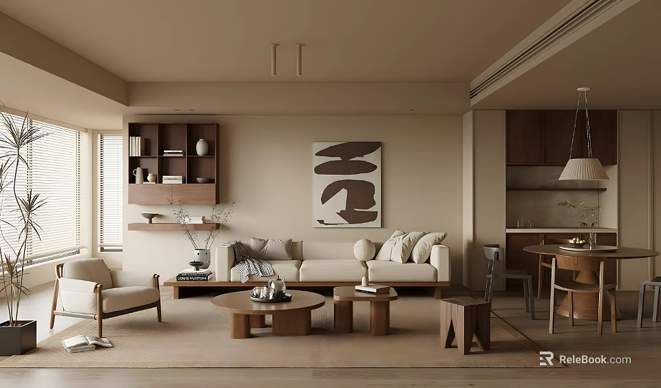 Modern Living Room Interior With Beige Sofa Coffee Tables Decorative Painting And Wooden Shelves 3d model 
