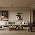Modern Living Room Interior With Beige Sofa Coffee Tables Decorative Painting And Wooden Shelves