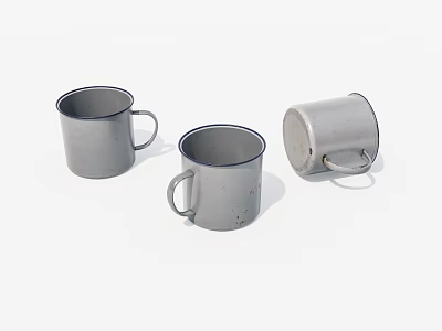 Three Silver Vintage Mugs With Handles One Upside Down Worn Surface Details 3d model
