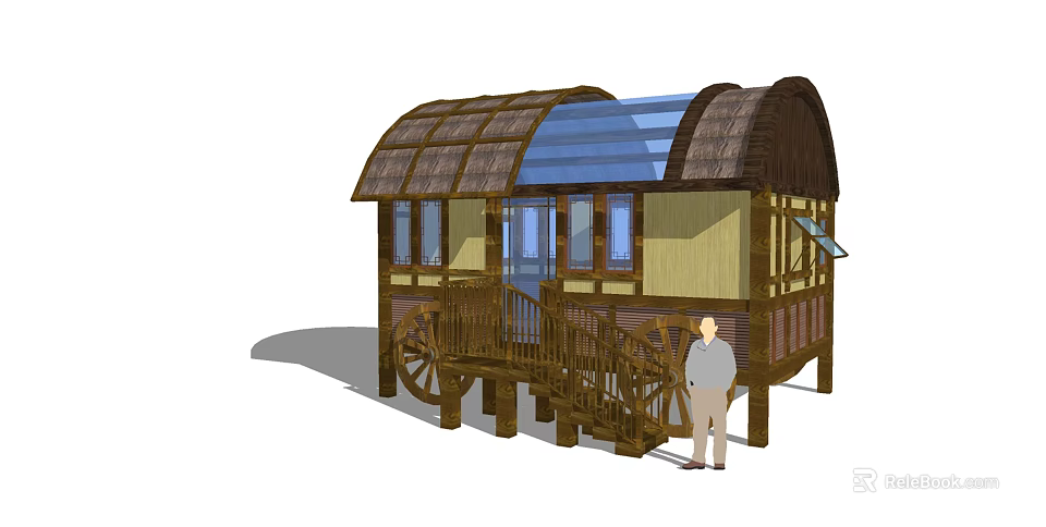 Thatched Roof Wooden Cabin With Blue Skylight And Wheel Base 3d model 