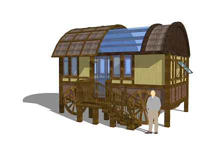 Thatched Roof Wooden Cabin With Blue Skylight And Wheel Base 3d model