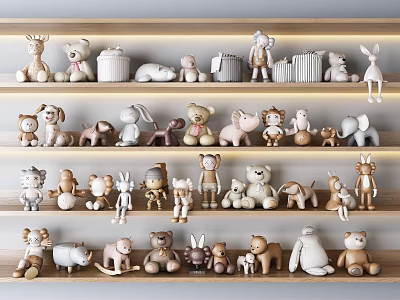 Various Colorful Stuffed Plush Animals Displayed On Multiple Wooden Shelves 3d model