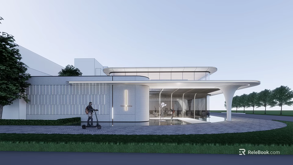 Modern Contemporary Building Exterior Design With White Walls Glass Windows And Person Riding Scooter 3d model 