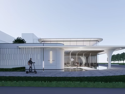 Modern Contemporary Building Exterior Design With White Walls Glass Windows And Person Riding Scooter 3d model