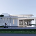 Modern Contemporary Building Exterior Design With White Walls Glass Windows And Person Riding Scooter