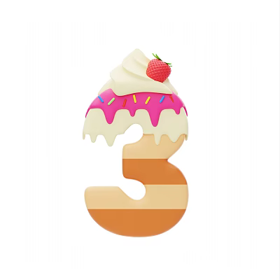 Dessert Themed Number 3 Shaped Decorative Ornament Set with Cream Strawberry Frosting Sprinkles Layered Design 3d model