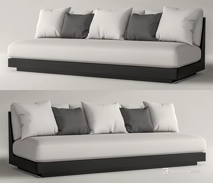 Modern Sectional Sofa With White Cushions Black Frame And Gray Pillows 3d model