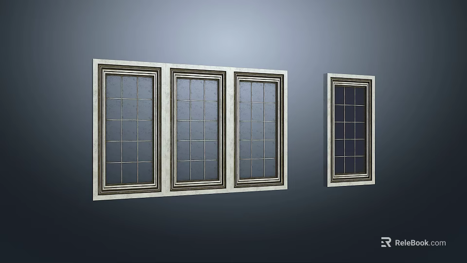 Bay Windows Design With Grid Glass Panels Light Colored Frames And Grey Wall Background 3d model 