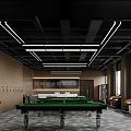 Modern Billiard Room Interior Design With Green Tables Black Ceiling And Wooden Walls