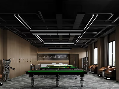 Modern Billiard Room Interior Design With Green Tables Black Ceiling And Wooden Walls 3d model