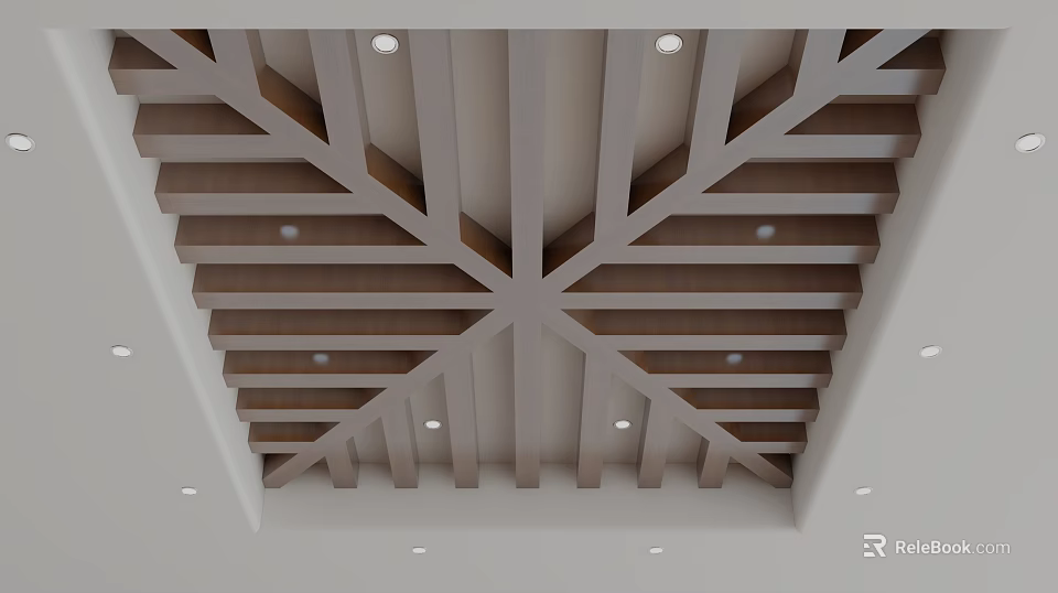 Modern Wooden Ceiling Design With Intersecting Grid And Recessed Lights 3d model