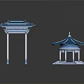 Chinese Traditional Gateway And Pavilion With Blue Roofs And White Pillars
