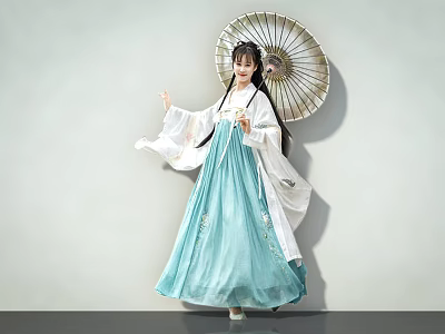 Traditional Chinese Wooden Swing Door With Hanfu Lady And Oil Paper Umbrella 3d model