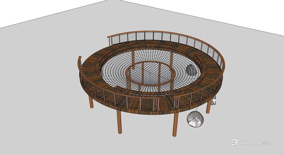 Circular Wooden Playground Equipment With Net Structure Railing And Support Legs 3d model