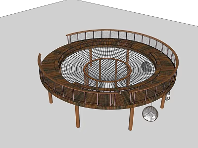 Circular Wooden Playground Equipment With Net Structure Railing And Support Legs 3d model