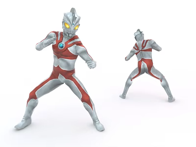 Two Ultraman Action Figures In Silver And Red With Yellow Glowing Eyes And Fighting Poses 3d model