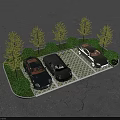 Parking Lot With Three Black Cars Green Trees And Grid Patterned Pavement