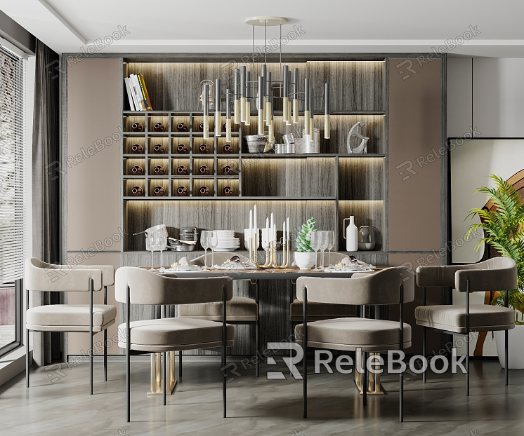 Modern Restaurant Dining Table and Chair Wine Cabinet model