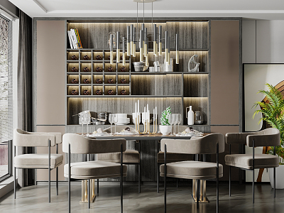 Modern Restaurant Dining Table and Chair Wine Cabinet model