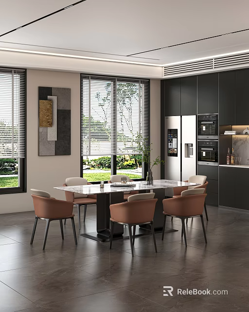 Modern Open Concept Restaurant Interior With Dining Table Chairs And Kitchen Area 3d model 