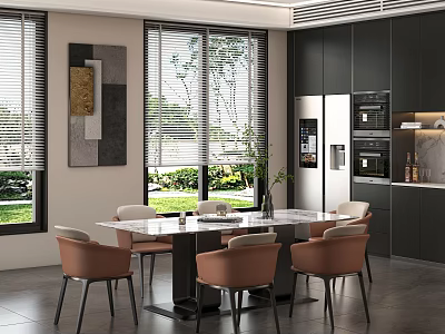 Modern Open Concept Restaurant Interior With Dining Table Chairs And Kitchen Area 3d model
