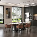 Modern Open Concept Restaurant Interior With Dining Table Chairs And Kitchen Area