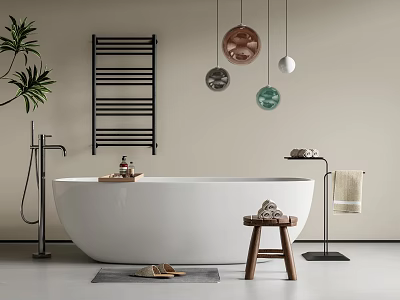 White Bathtub In Modern Bathroom With Wooden Stool Towels Black Radiator And Hanging Decorative Balls 3d model