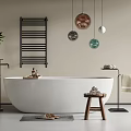 White Bathtub In Modern Bathroom With Wooden Stool Towels Black Radiator And Hanging Decorative Balls