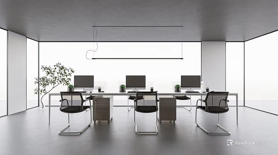 Contemporary Public Office Space With Long Desks Computers Black Chairs Large Windows And Green Plant 3d model 