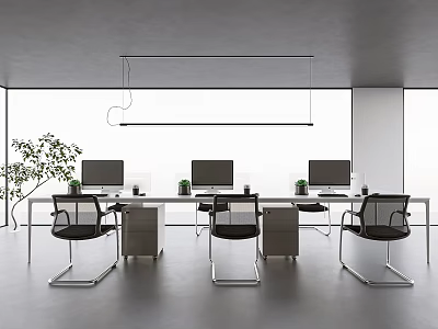 Contemporary Public Office Space With Long Desks Computers Black Chairs Large Windows And Green Plant 3d model