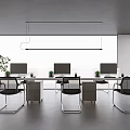 Contemporary Public Office Space With Long Desks Computers Black Chairs Large Windows And Green Plant