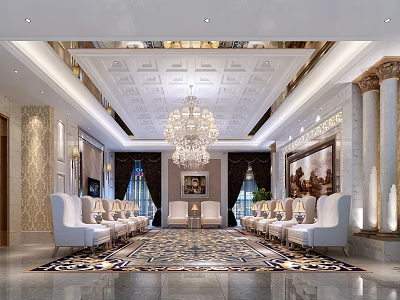 Luxurious Hotel Public Lounge Area With Opulent Chandelier White Sofas And Intricate Ceiling 3d model