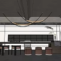 Modern Tea Room Interior With Long Table Pendant Lights Shelves And Wooden Stools